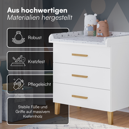 Liri Wickelkommode, weiß/natur, mit 3 Schubladen und abnehmbaren Wickelaufsatz