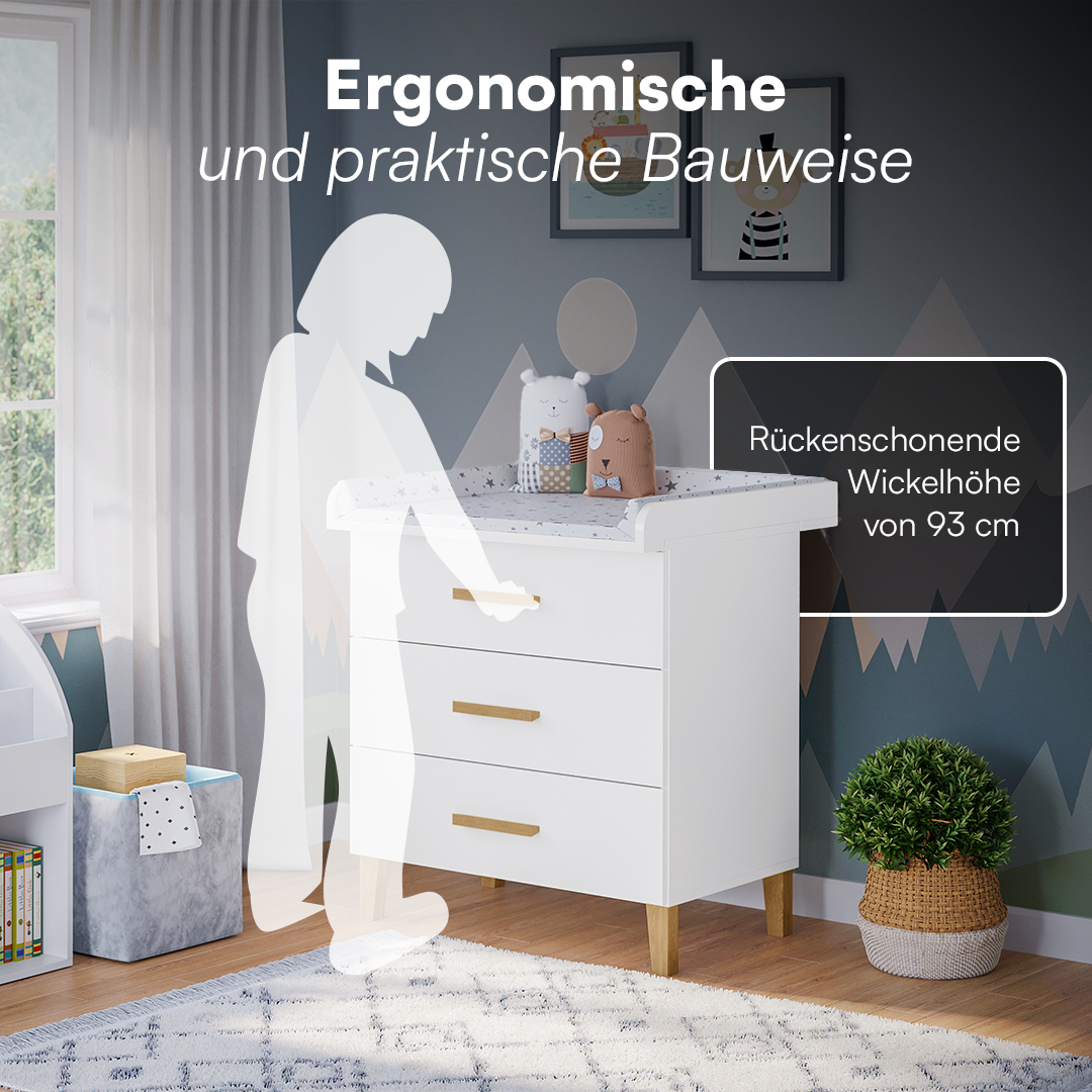 Liri Wickelkommode, weiß/natur, mit 3 Schubladen und abnehmbaren Wickelaufsatz