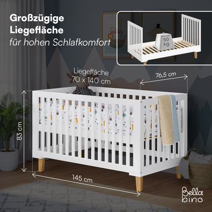 Liri Kombi-Kinderbett 70x140 cm, weiß/natur, 3-fach höhenverstellbar, umbaubar zum Juniorbett, inkl. Umbauseiten
