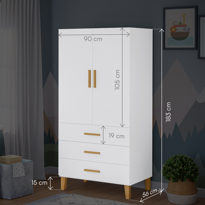 Liri 2-trg. Kinderkleiderschrank, weiß/natur, mit Kleiderstange und 3 Schubladen