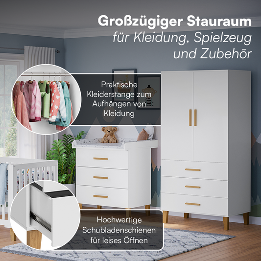 Liri 3-tlg. Babyzimmer, Set aus umbaubarem Babybett, Wickelkommode mit abnehmbarem Wickelaufsatz und 2-trg. Kleiderschrank