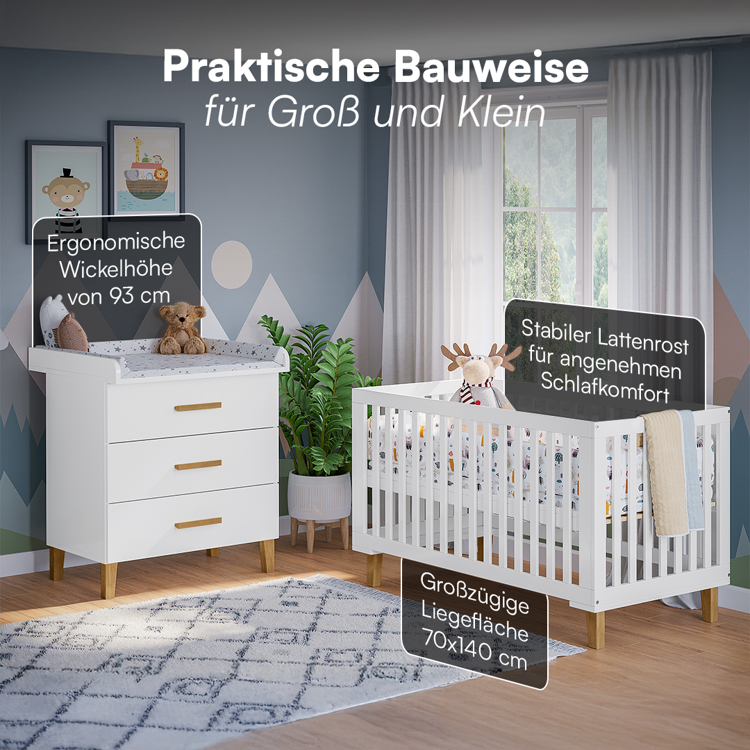 Liri 2-tlg. Babyzimmer, Set aus umbaubarem Babybett und Wickelkommode mit abnehmbarem Wickelaufsatz
