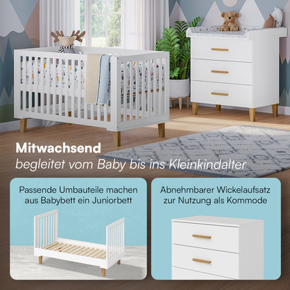 Liri 2-tlg. Babyzimmer, Set aus umbaubarem Babybett und Wickelkommode mit abnehmbarem Wickelaufsatz