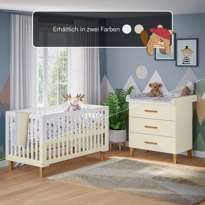 Liri 2-tlg. Babyzimmer, Set aus umbaubarem Babybett und Wickelkommode mit abnehmbarem Wickelaufsatz