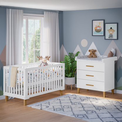 Liri 2-tlg. Babyzimmer, Set aus umbaubarem Babybett und Wickelkommode mit abnehmbarem Wickelaufsatz