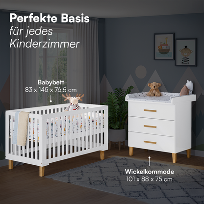 Liri 2-tlg. Babyzimmer, Set aus umbaubarem Babybett und Wickelkommode mit abnehmbarem Wickelaufsatz