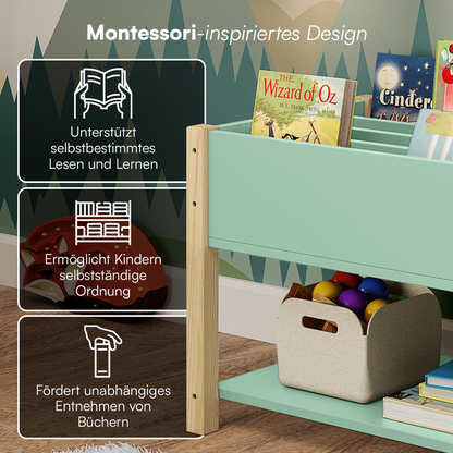 Teme Kinderbücherregal mit 4 Ablagefächern und Aufbewahrungsregal, Kiefer massiv, grün/natur, 80x40x44 cm