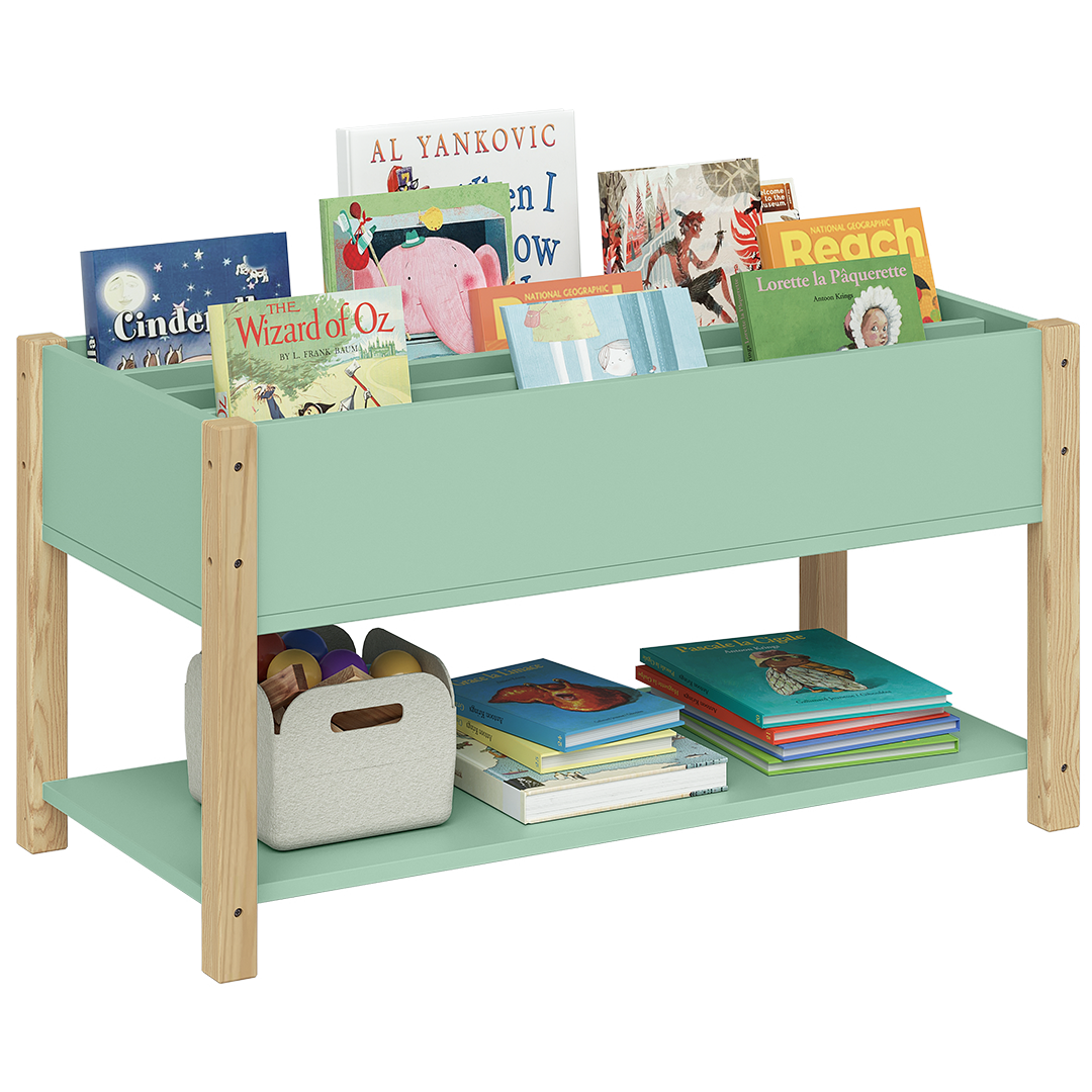 Teme Kinderbücherregal mit 4 Ablagefächern und Aufbewahrungsregal, Kiefer massiv, grün/natur, 80x40x44 cm