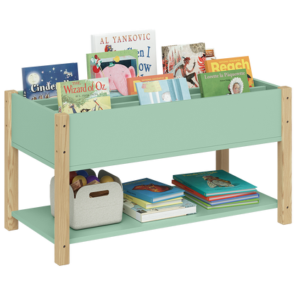Teme Kinderbücherregal mit 4 Ablagefächern und Aufbewahrungsregal, Kiefer massiv, grün/natur, 80x40x44 cm