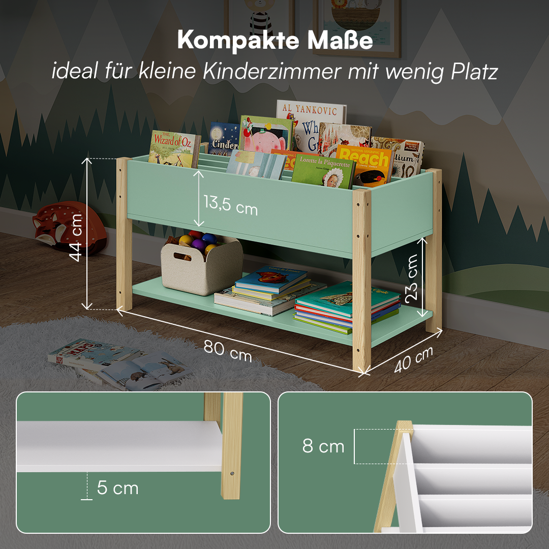 Teme Kinderbücherregal mit 4 Ablagefächern und Aufbewahrungsregal, Kiefer massiv, grün/natur, 80x40x44 cm