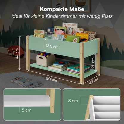 Teme Kinderbücherregal mit 4 Ablagefächern und Aufbewahrungsregal, Kiefer massiv, grün/natur, 80x40x44 cm