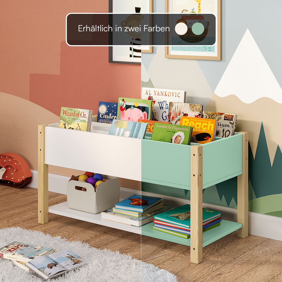 Teme Kinderbücherregal mit 4 Ablagefächern und Aufbewahrungsregal, Kiefer massiv, grün/natur, 80x40x44 cm