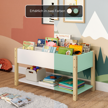 Teme Kinderbücherregal mit 4 Ablagefächern und Aufbewahrungsregal, Kiefer massiv, grün/natur, 80x40x44 cm
