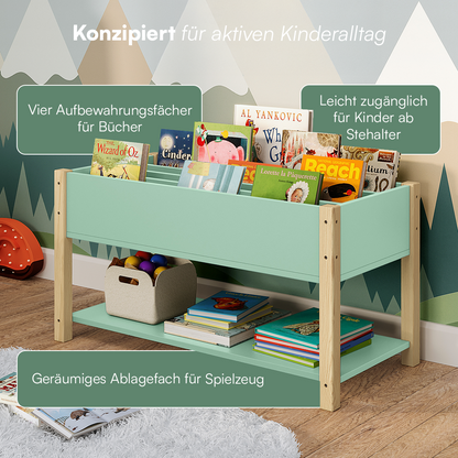 Teme Kinderbücherregal mit 4 Ablagefächern und Aufbewahrungsregal, Kiefer massiv, grün/natur, 80x40x44 cm