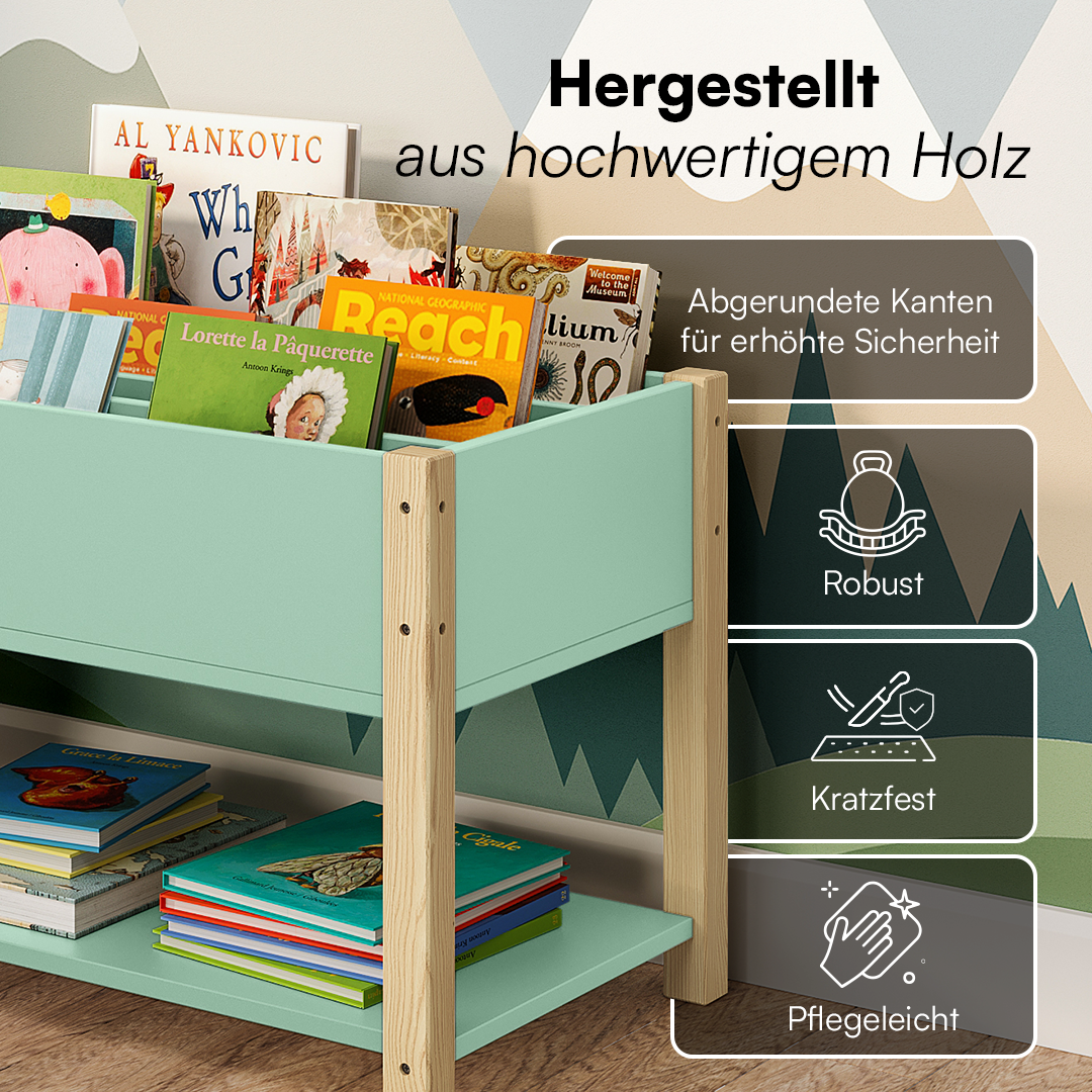 Teme Kinderbücherregal mit 4 Ablagefächern und Aufbewahrungsregal, Kiefer massiv, grün/natur, 80x40x44 cm