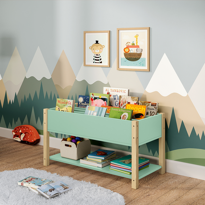 Teme Kinderbücherregal mit 4 Ablagefächern und Aufbewahrungsregal, Kiefer massiv, grün/natur, 80x40x44 cm