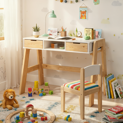 Campo Kinderschreibtisch, weiß/natur, 4-fach höhenverstellbar, mit 2 Schubladen, 1 Ablagefach und 3 Aufbewahrungsfächern, 75 x 63 x 93 cm