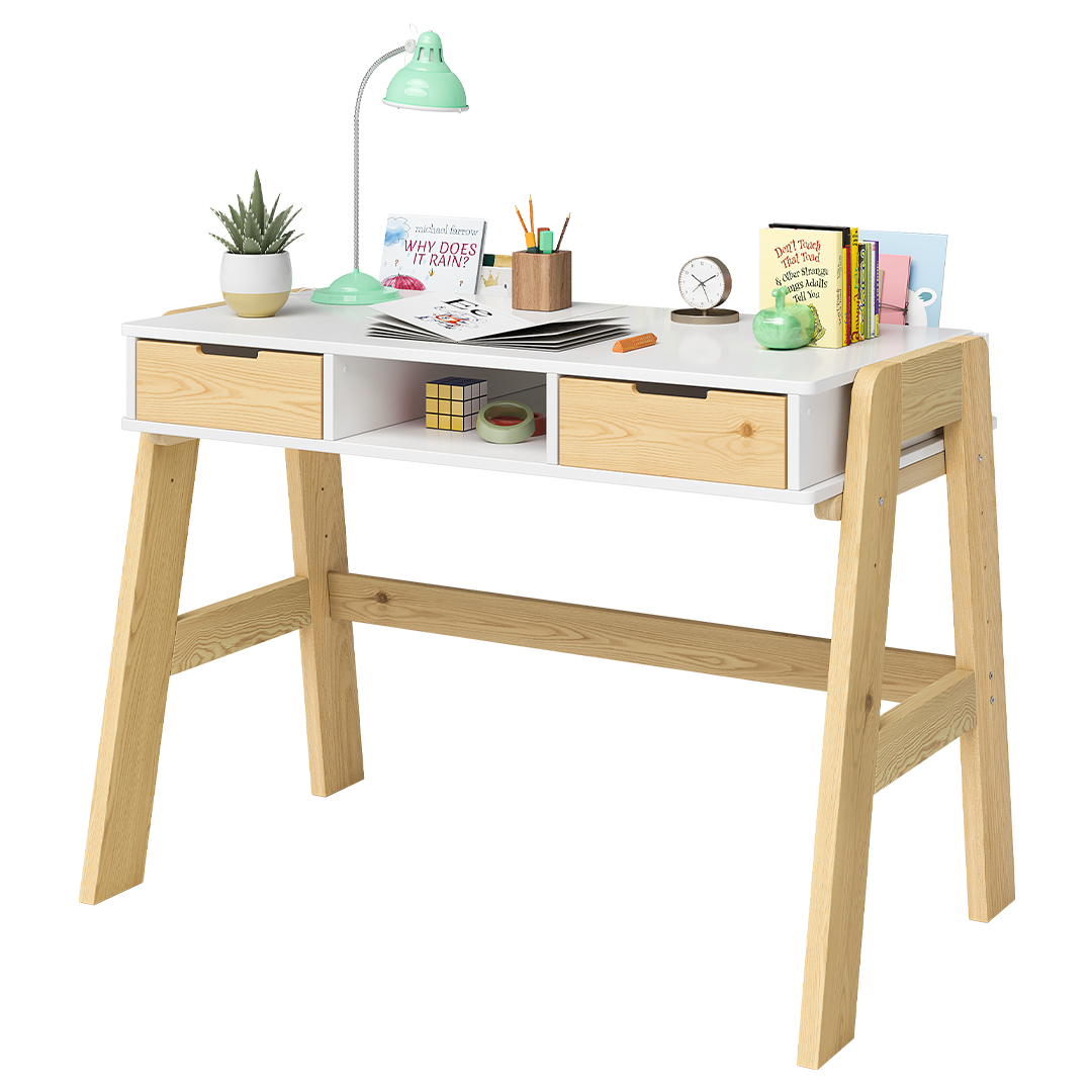 Campo Kinderschreibtisch, weiß/natur, 4-fach höhenverstellbar, mit 2 Schubladen, 1 Ablagefach und 3 Aufbewahrungsfächern, 75 x 63 x 93 cm