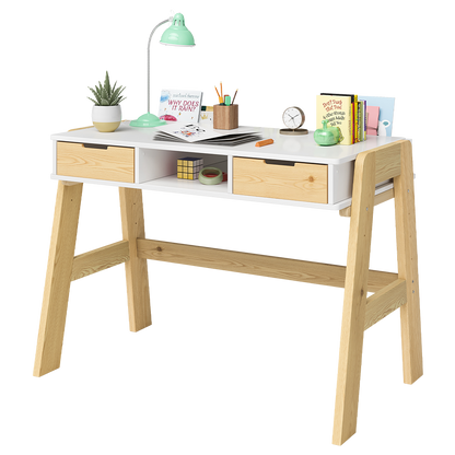 Campo Kinderschreibtisch, weiß/natur, 4-fach höhenverstellbar, mit 2 Schubladen, 1 Ablagefach und 3 Aufbewahrungsfächern, 75 x 63 x 93 cm