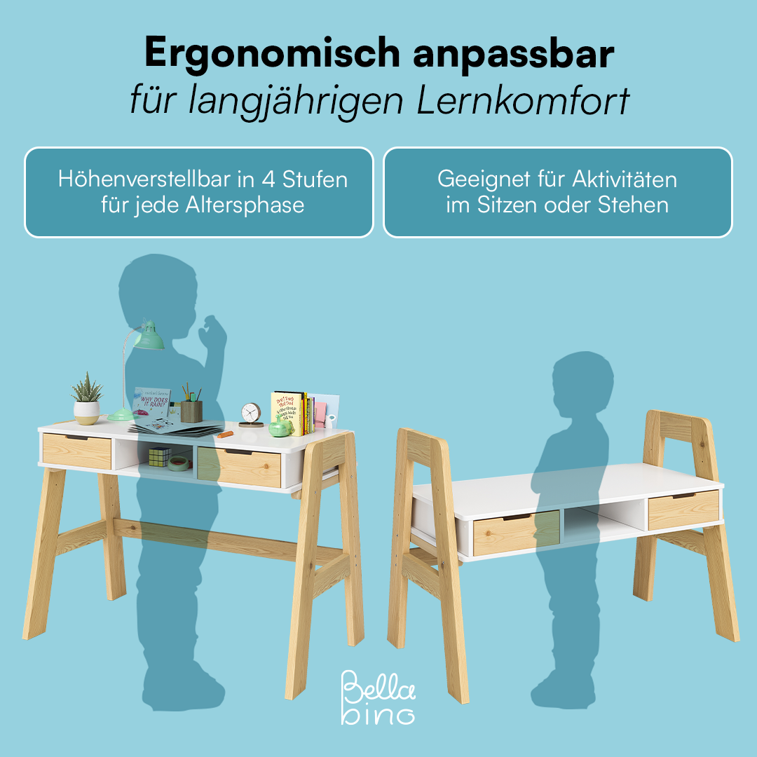 Campo Kinderschreibtisch, weiß/natur, 4-fach höhenverstellbar, mit 2 Schubladen, 1 Ablagefach und 3 Aufbewahrungsfächern, 75 x 63 x 93 cm