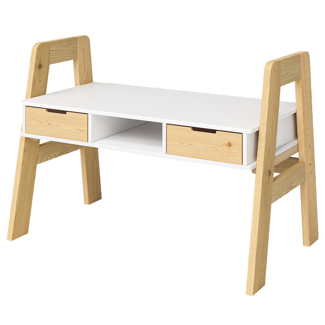 Campo Kinderschreibtisch, weiß/natur, 4-fach höhenverstellbar, mit 2 Schubladen, 1 Ablagefach und 3 Aufbewahrungsfächern, 75 x 63 x 93 cm
