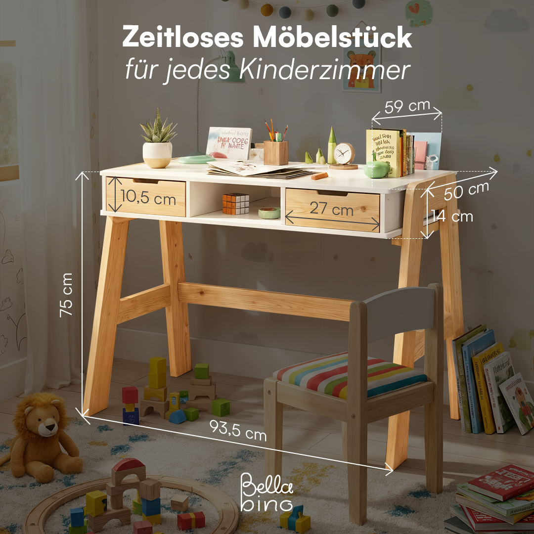 Campo Kinderschreibtisch, weiß/natur, 4-fach höhenverstellbar, mit 2 Schubladen, 1 Ablagefach und 3 Aufbewahrungsfächern, 75 x 63 x 93 cm