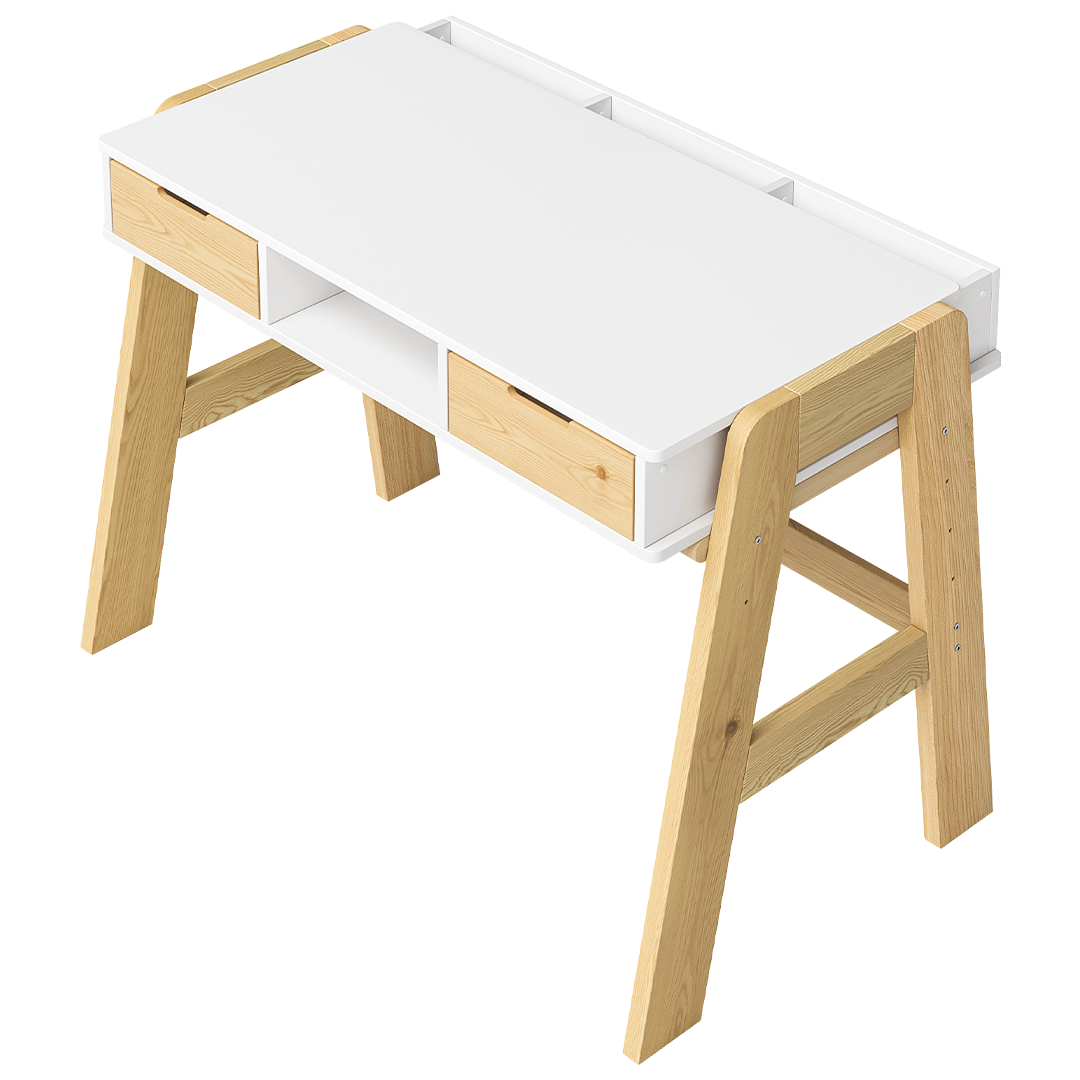 Campo Kinderschreibtisch, weiß/natur, 4-fach höhenverstellbar, mit 2 Schubladen, 1 Ablagefach und 3 Aufbewahrungsfächern, 75 x 63 x 93 cm