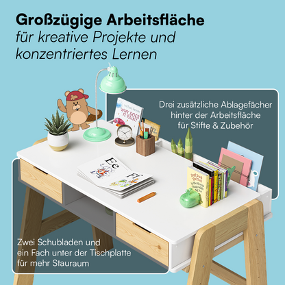 Campo Kinderschreibtisch, weiß/natur, 4-fach höhenverstellbar, mit 2 Schubladen, 1 Ablagefach und 3 Aufbewahrungsfächern, 75 x 63 x 93 cm