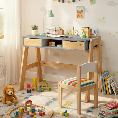 Campo Kinderschreibtisch, beige/natur, 4-fach höhenverstellbar, mit 2 Schubladen, 1 Ablagefach und 3 Aufbewahrungsfächern, 75 x 63 x 93 cm