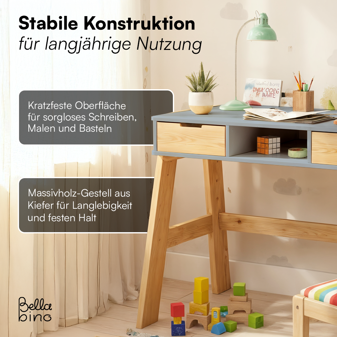 Campo Kinderschreibtisch, beige/natur, 4-fach höhenverstellbar, mit 2 Schubladen, 1 Ablagefach und 3 Aufbewahrungsfächern, 75 x 63 x 93 cm