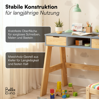 Campo Kinderschreibtisch, beige/natur, 4-fach höhenverstellbar, mit 2 Schubladen, 1 Ablagefach und 3 Aufbewahrungsfächern, 75 x 63 x 93 cm