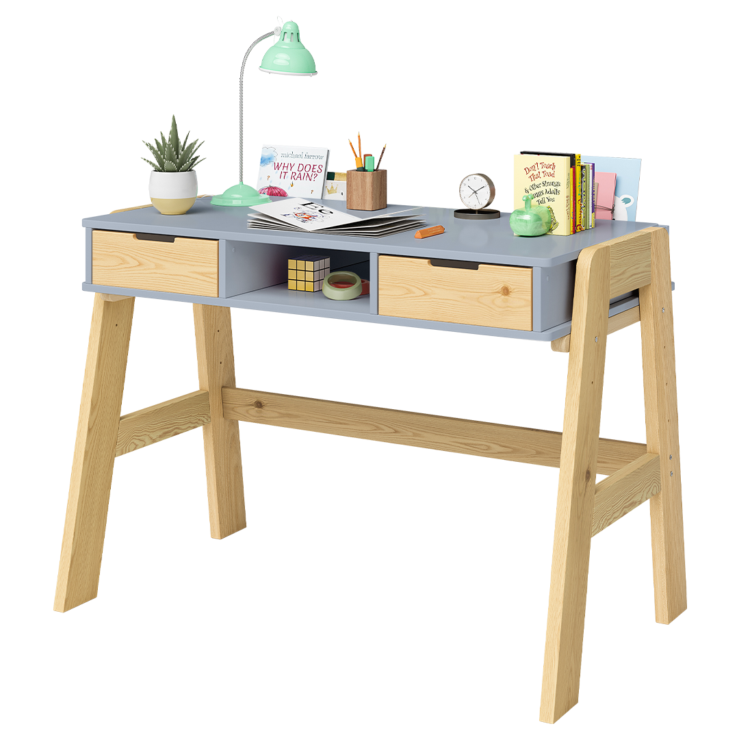 Campo Kinderschreibtisch, beige/natur, 4-fach höhenverstellbar, mit 2 Schubladen, 1 Ablagefach und 3 Aufbewahrungsfächern, 75 x 63 x 93 cm