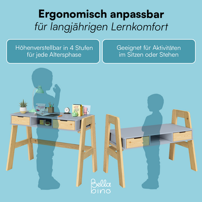 Campo Kinderschreibtisch, beige/natur, 4-fach höhenverstellbar, mit 2 Schubladen, 1 Ablagefach und 3 Aufbewahrungsfächern, 75 x 63 x 93 cm