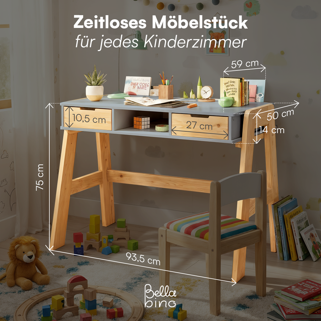 Campo Kinderschreibtisch, beige/natur, 4-fach höhenverstellbar, mit 2 Schubladen, 1 Ablagefach und 3 Aufbewahrungsfächern, 75 x 63 x 93 cm