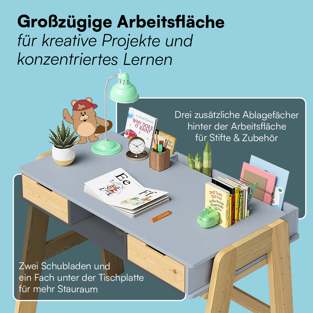 Campo Kinderschreibtisch, beige/natur, 4-fach höhenverstellbar, mit 2 Schubladen, 1 Ablagefach und 3 Aufbewahrungsfächern, 75 x 63 x 93 cm