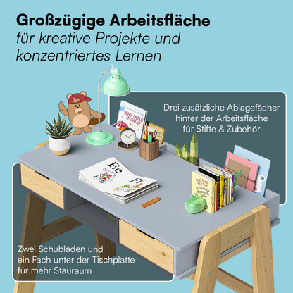Campo Kinderschreibtisch, beige/natur, 4-fach höhenverstellbar, mit 2 Schubladen, 1 Ablagefach und 3 Aufbewahrungsfächern, 75 x 63 x 93 cm