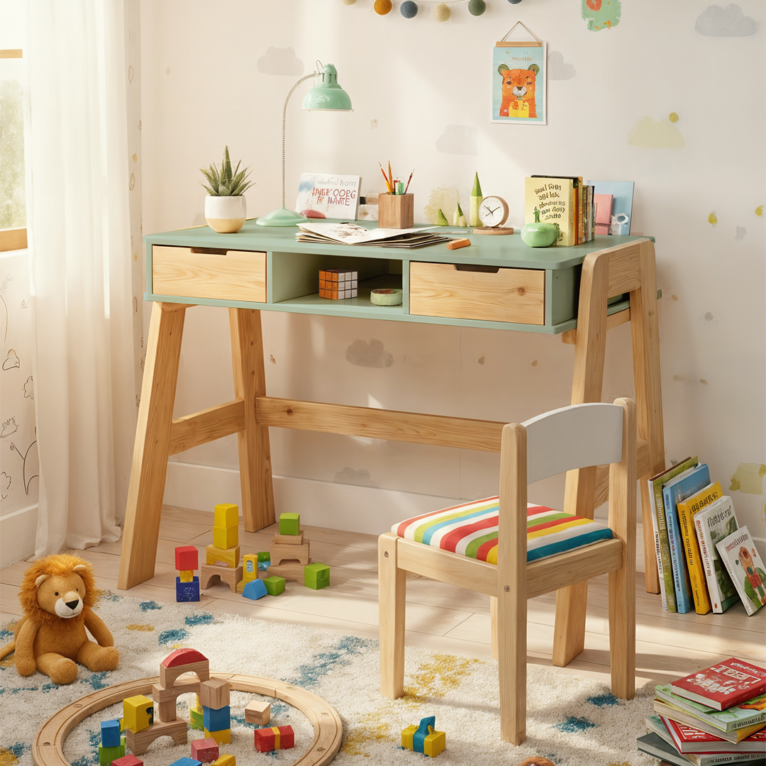 Campo Kinderschreibtisch, mintgrün/natur, 4-fach höhenverstellbar, mit 2 Schubladen, 1 Ablagefach und 3 Aufbewahrungsfächern, 75 x 63 x 93 cm