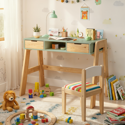 Campo Kinderschreibtisch, mintgrün/natur, 4-fach höhenverstellbar, mit 2 Schubladen, 1 Ablagefach und 3 Aufbewahrungsfächern, 75 x 63 x 93 cm