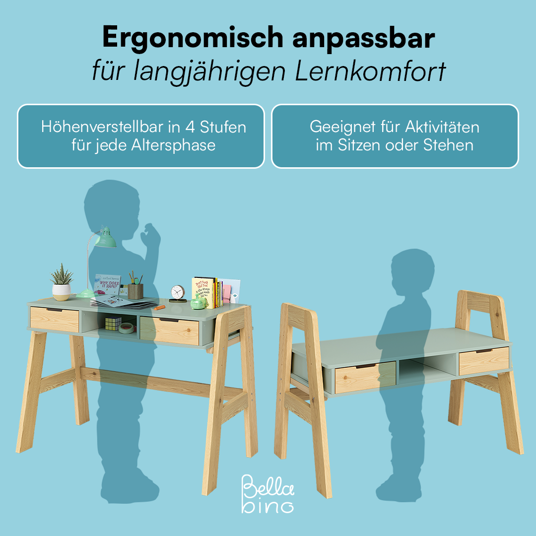 Campo Kinderschreibtisch, mintgrün/natur, 4-fach höhenverstellbar, mit 2 Schubladen, 1 Ablagefach und 3 Aufbewahrungsfächern, 75 x 63 x 93 cm