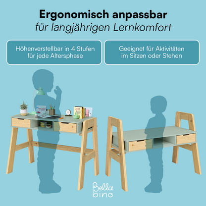Campo Kinderschreibtisch, mintgrün/natur, 4-fach höhenverstellbar, mit 2 Schubladen, 1 Ablagefach und 3 Aufbewahrungsfächern, 75 x 63 x 93 cm