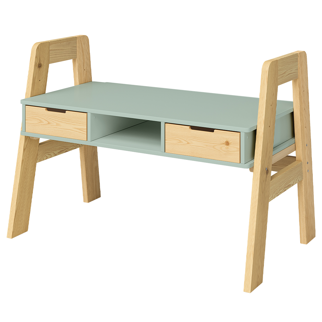 Campo Kinderschreibtisch, mintgrün/natur, 4-fach höhenverstellbar, mit 2 Schubladen, 1 Ablagefach und 3 Aufbewahrungsfächern, 75 x 63 x 93 cm