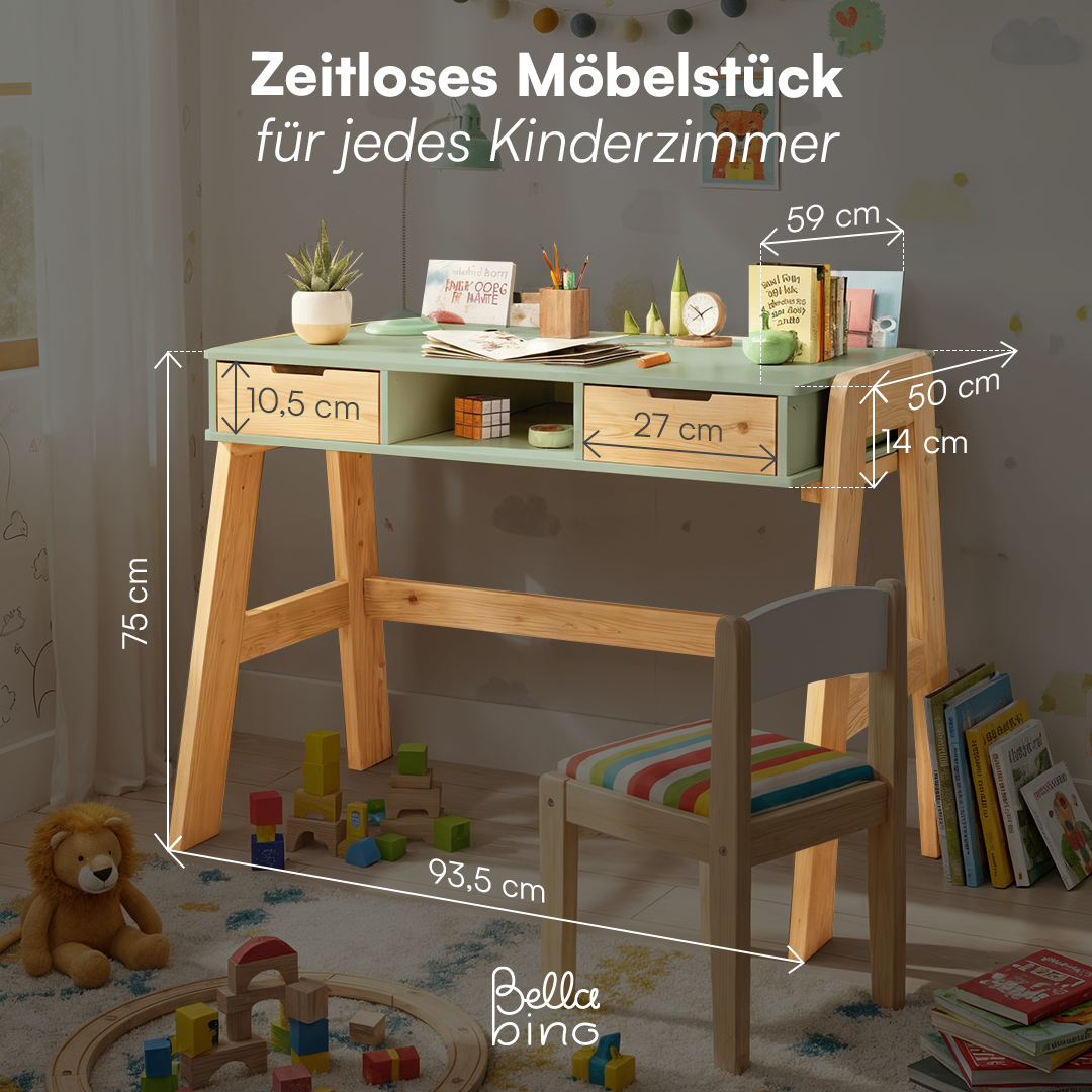 Campo Kinderschreibtisch, mintgrün/natur, 4-fach höhenverstellbar, mit 2 Schubladen, 1 Ablagefach und 3 Aufbewahrungsfächern, 75 x 63 x 93 cm