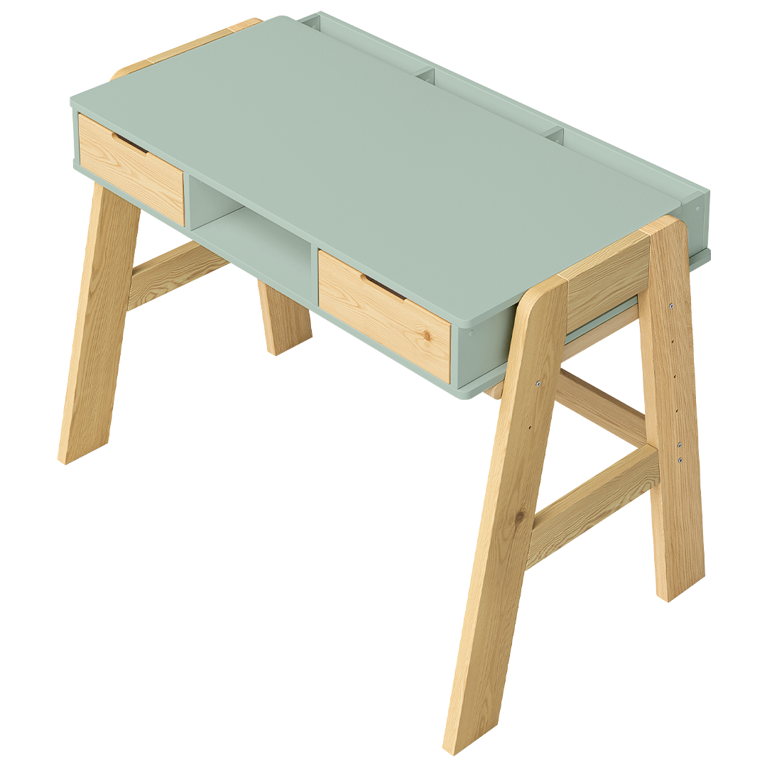 Campo Kinderschreibtisch, mintgrün/natur, 4-fach höhenverstellbar, mit 2 Schubladen, 1 Ablagefach und 3 Aufbewahrungsfächern, 75 x 63 x 93 cm