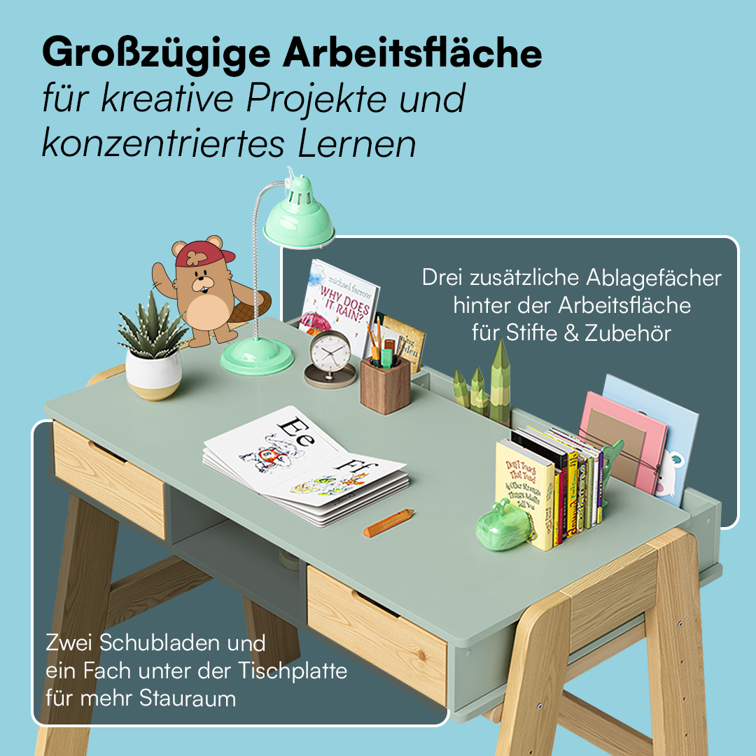 Campo Kinderschreibtisch, mintgrün/natur, 4-fach höhenverstellbar, mit 2 Schubladen, 1 Ablagefach und 3 Aufbewahrungsfächern, 75 x 63 x 93 cm
