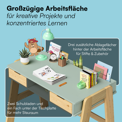 Campo Kinderschreibtisch, mintgrün/natur, 4-fach höhenverstellbar, mit 2 Schubladen, 1 Ablagefach und 3 Aufbewahrungsfächern, 75 x 63 x 93 cm