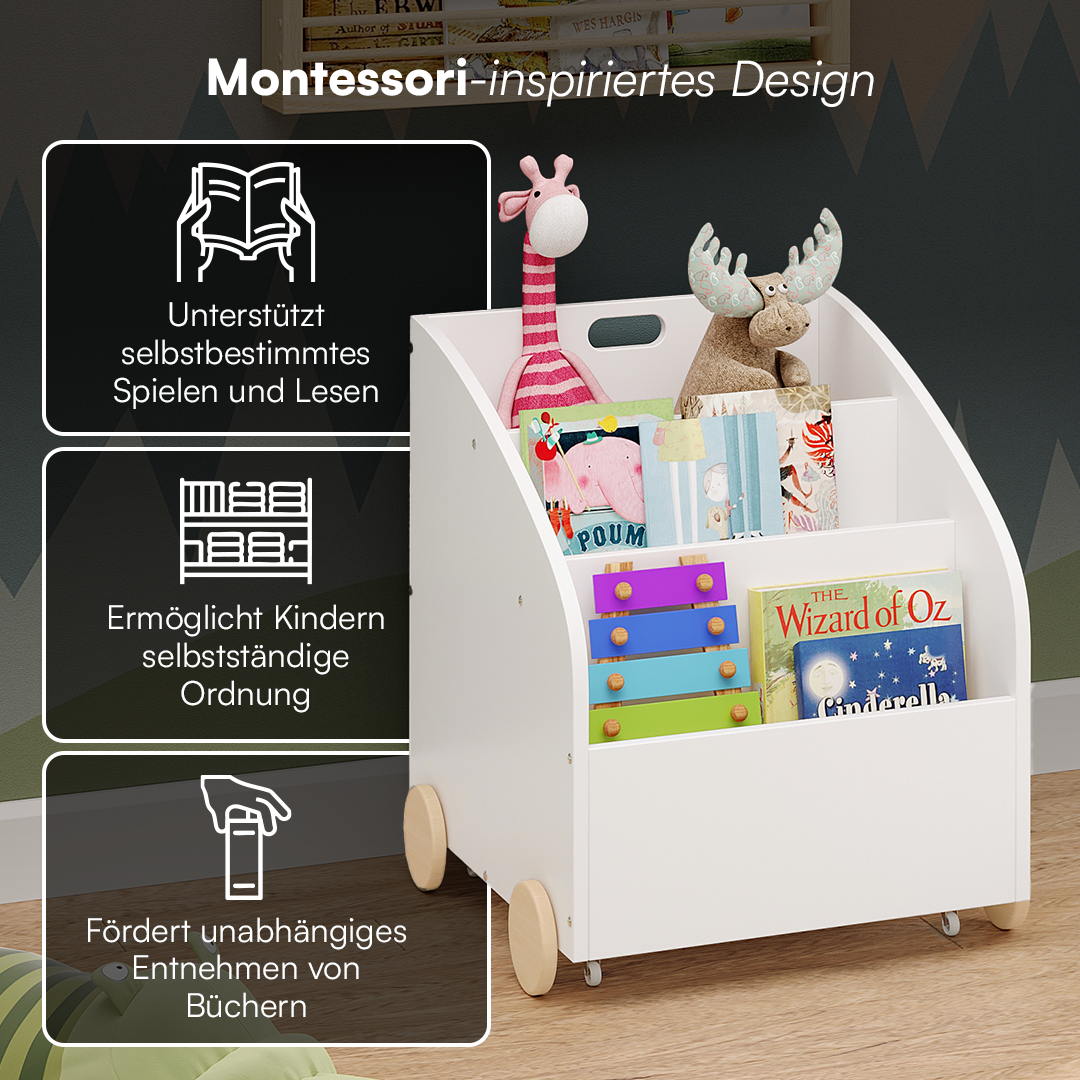 Towy Kinderbücherregal mit 3 Ablagefächern und Geheimfach, weiß/natur, 43 x 40 x 43 cm