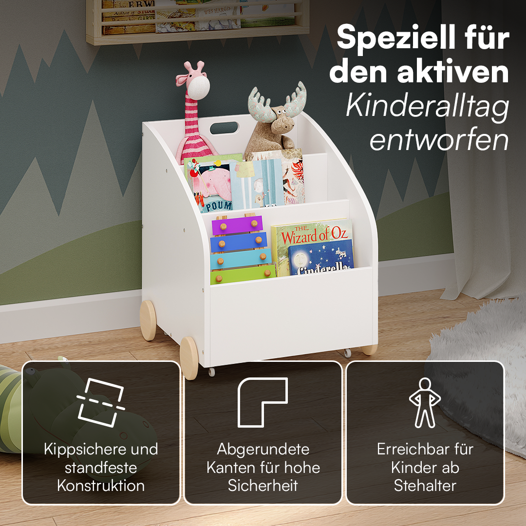 Towy Kinderbücherregal mit 3 Ablagefächern und Geheimfach, weiß/natur, 43 x 40 x 43 cm