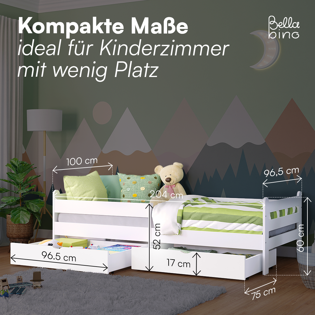 Kuru Kinderbett mit 2 Schubladen inkl. Rausfallschutz und Lattenrost, weiß lackiert, 90x200 cm, mit Matratze