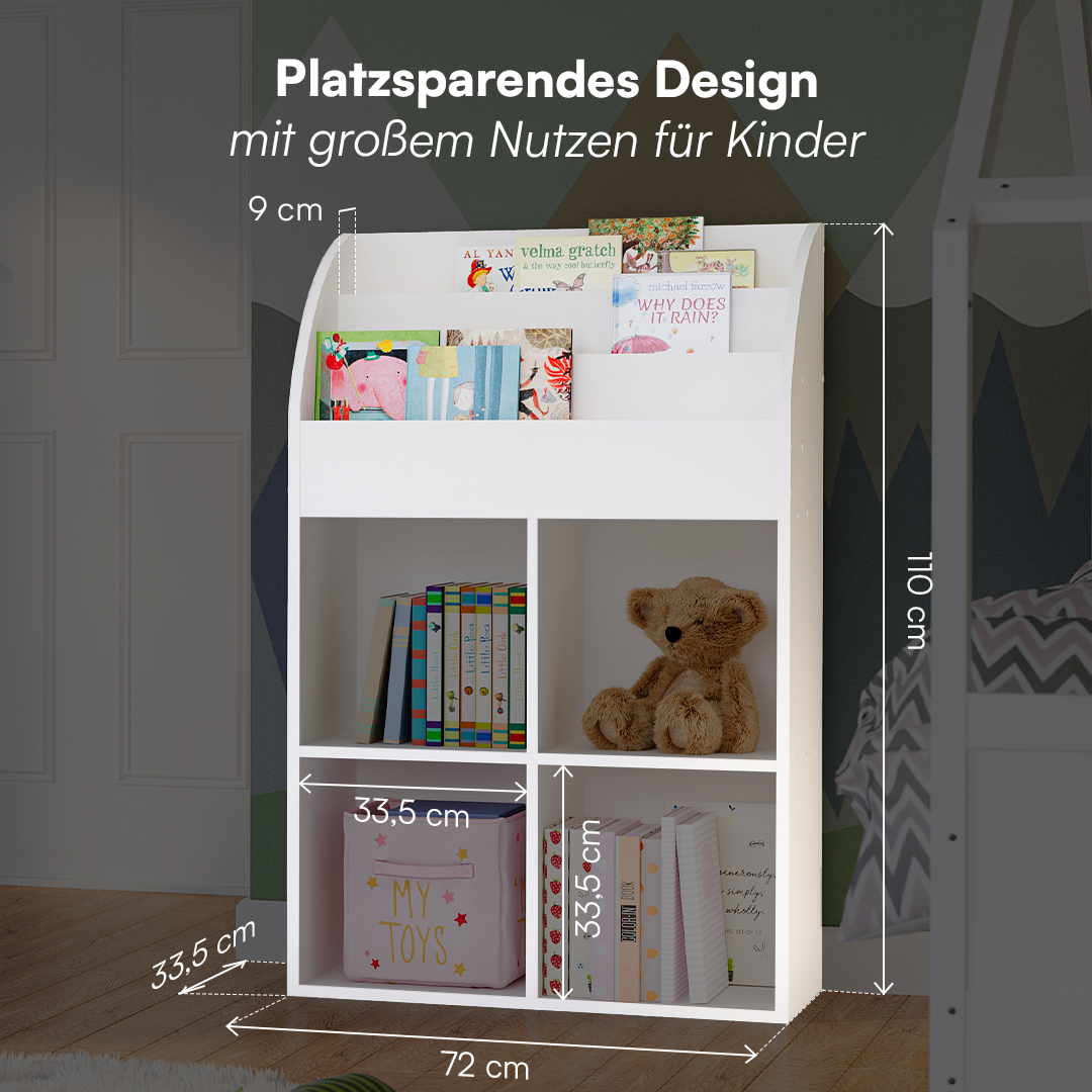 Koro Kinderregal, weiß, mit 3 Fächern für Bücher und 4 Fächern für Aufbewahrungsboxen