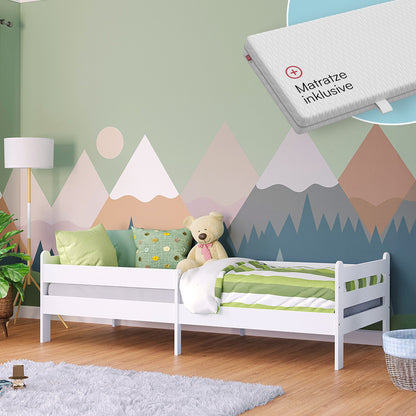 Kuru Kinderbett inkl. Rausfallschutz und Lattenrost, weiß lackiert, 90x200 cm, mit Matratze